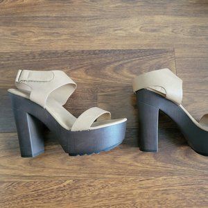 Beige High Heeled Sandals, Wedge - Like Heel, Easy to Walk In, Size 8.5